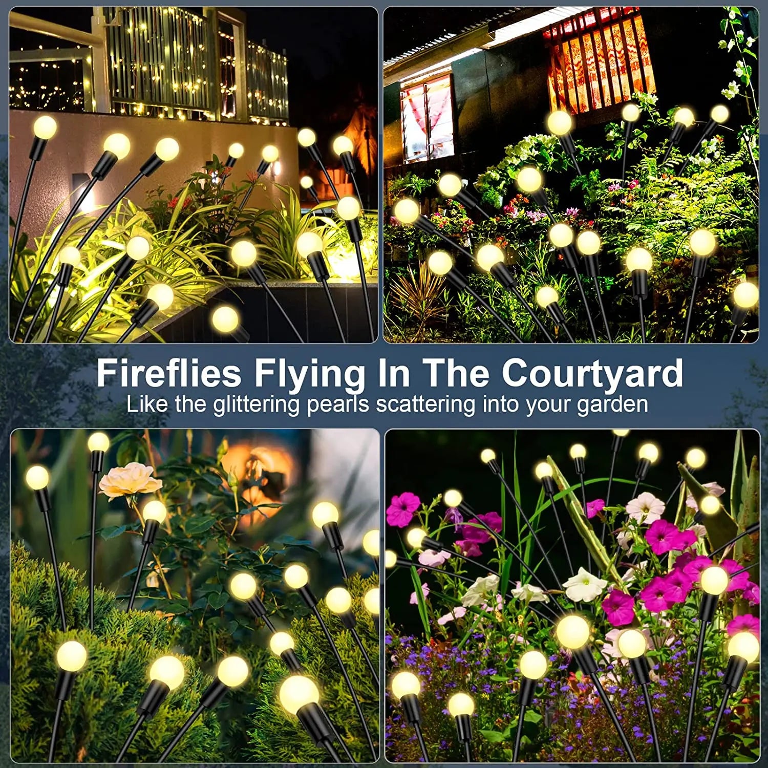 NdotoHuis™ Solar Firefly Lights in an outdoor garden setting, showcasing their warm, firefly-like glow and waterproof design. The lights are staked into the ground and create a magical, inviting atmosphere with multiple lighting modes.