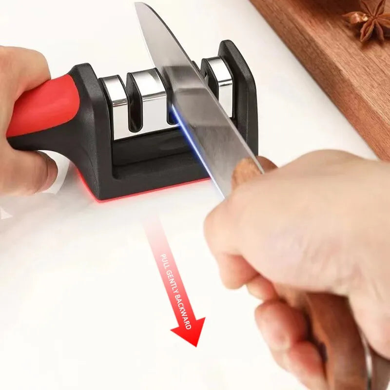 Kitchen 3-Stage Knife Sharpener: Compact tool for restoring dull blades with coarse, medium, and fine sharpening stages.