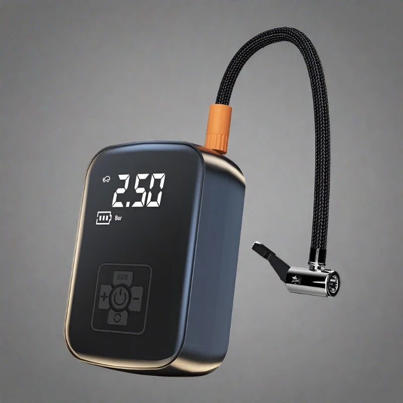 Pocket Pump Pro, a compact wireless tire inflator with a digital display, inflating a car tire on the roadside.