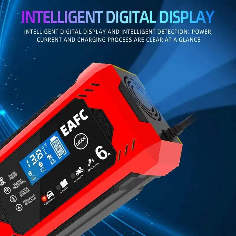 A Red Ndotohuis 12V Universal Battery Charger (6A) with red and black cables attached, connected to a car battery under the hood of a car.