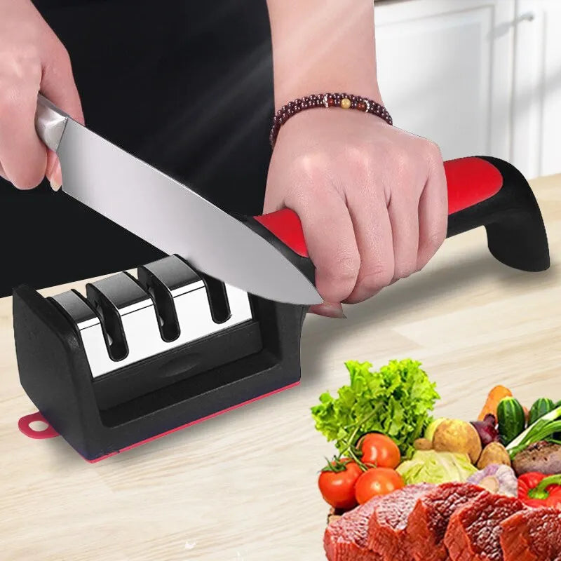 Kitchen 3-Stage Knife Sharpener: Compact tool for restoring dull blades with coarse, medium, and fine sharpening stages.