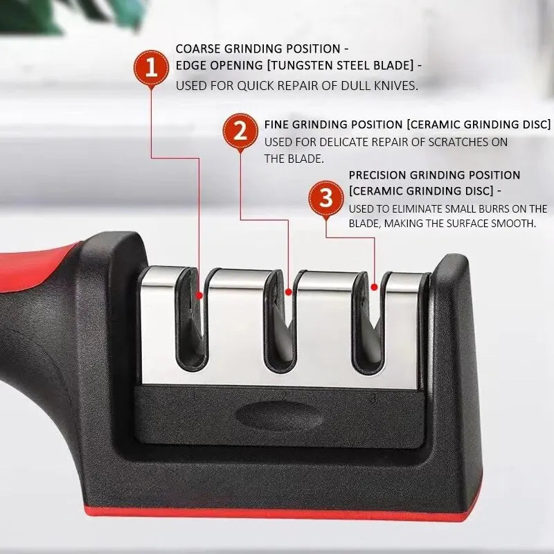 Kitchen 3-Stage Knife Sharpener: Compact tool for restoring dull blades with coarse, medium, and fine sharpening stages.