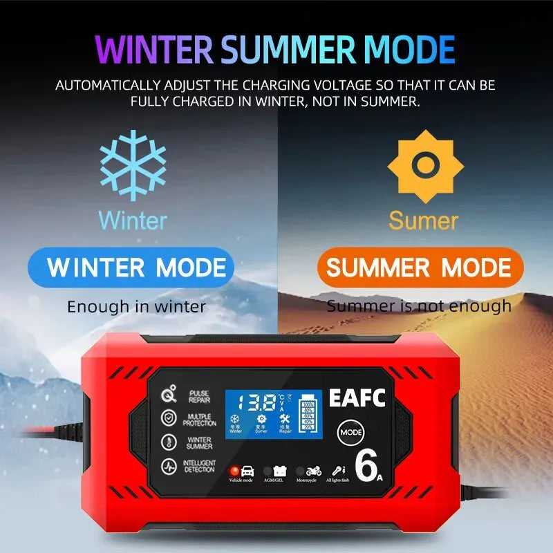 A Red Ndotohuis 12V Universal Battery Charger (6A) with red and black cables attached, connected to a car battery under the hood of a car.