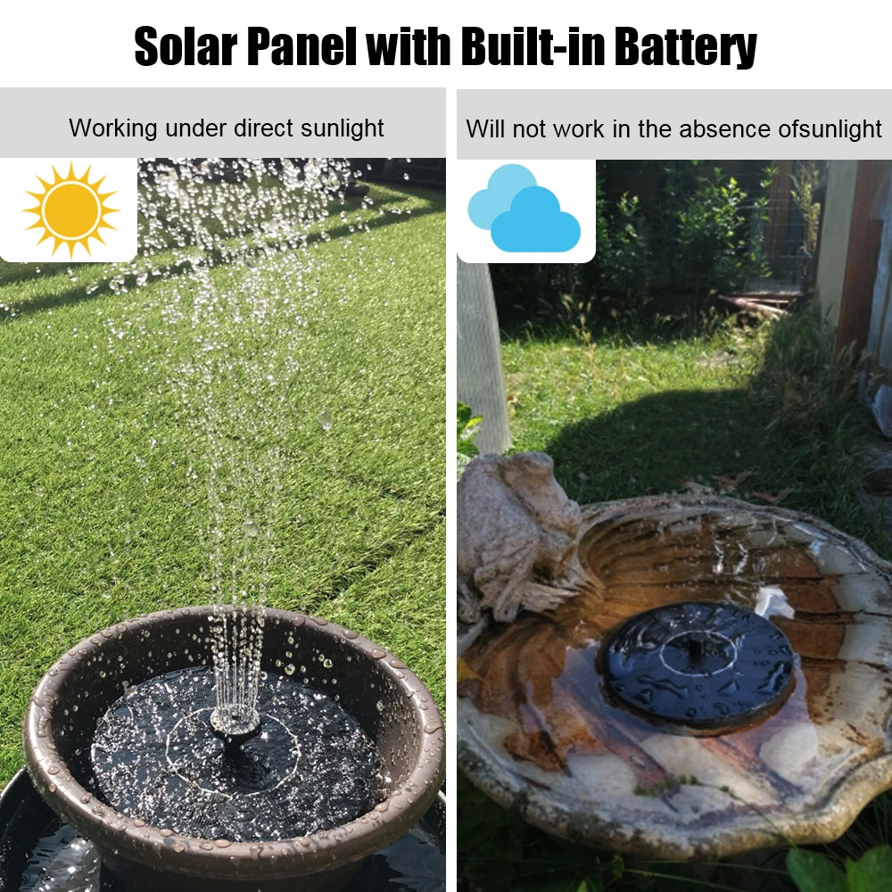 SolarFountain™ | Floating Garden Waterfall Pump in a bird bath, creating a serene and eco-friendly water feature in a garden setting.