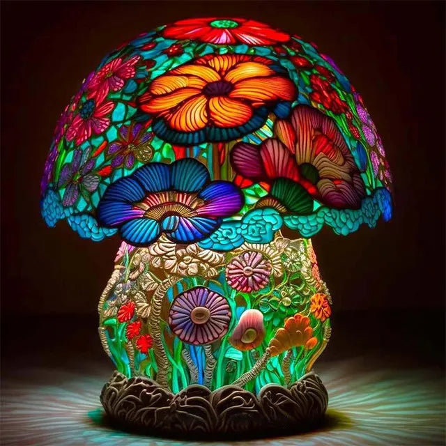 Vintage table lamp with a stained glass shade and a mushroom-shaped resin base.