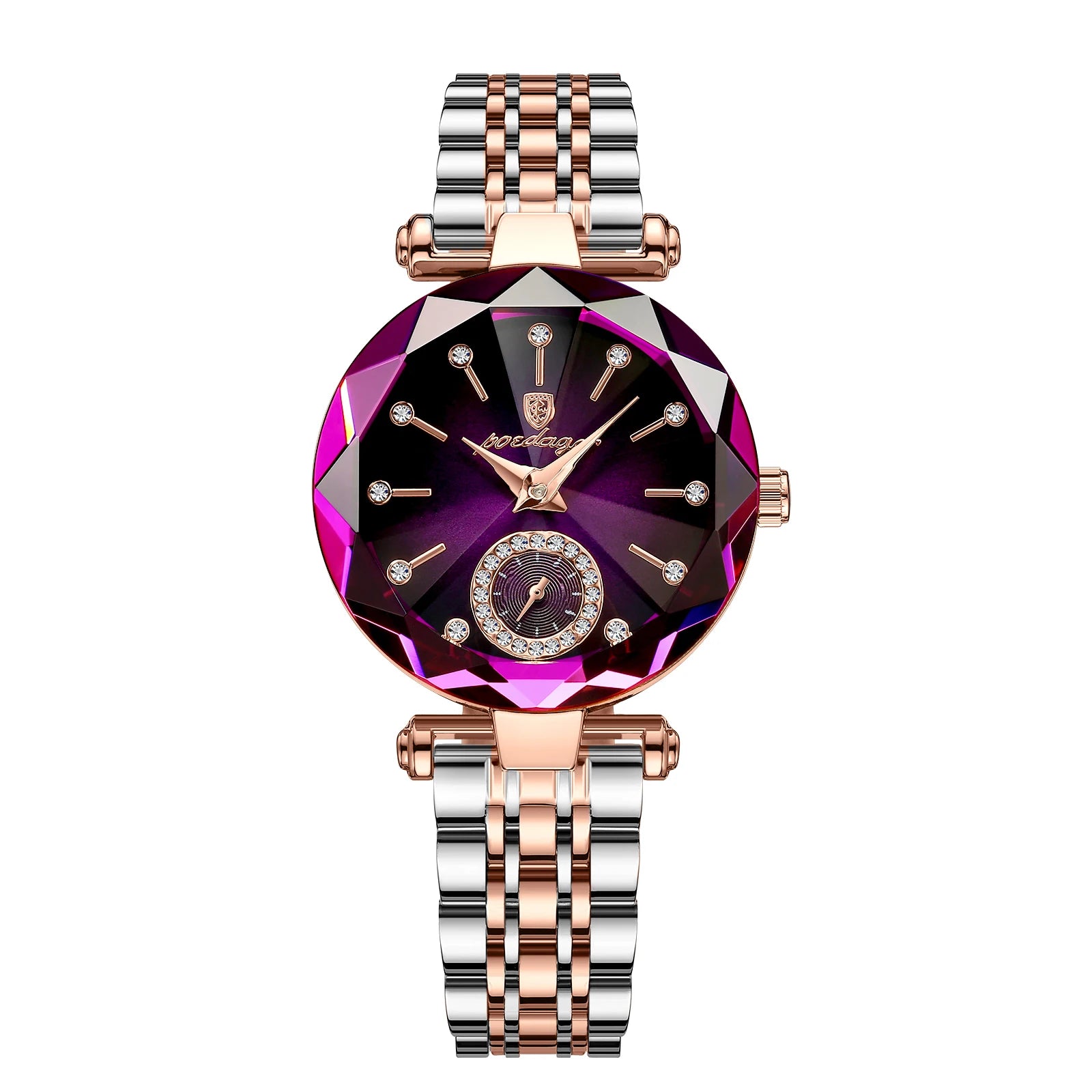 POEDAGAR™ Luxury Women's Wristwatch featuring elegant diamond detailing, a stainless steel band, and a stylish, waterproof design. The watch is showcased on a wrist, highlighting its sophisticated and timeless appearance.