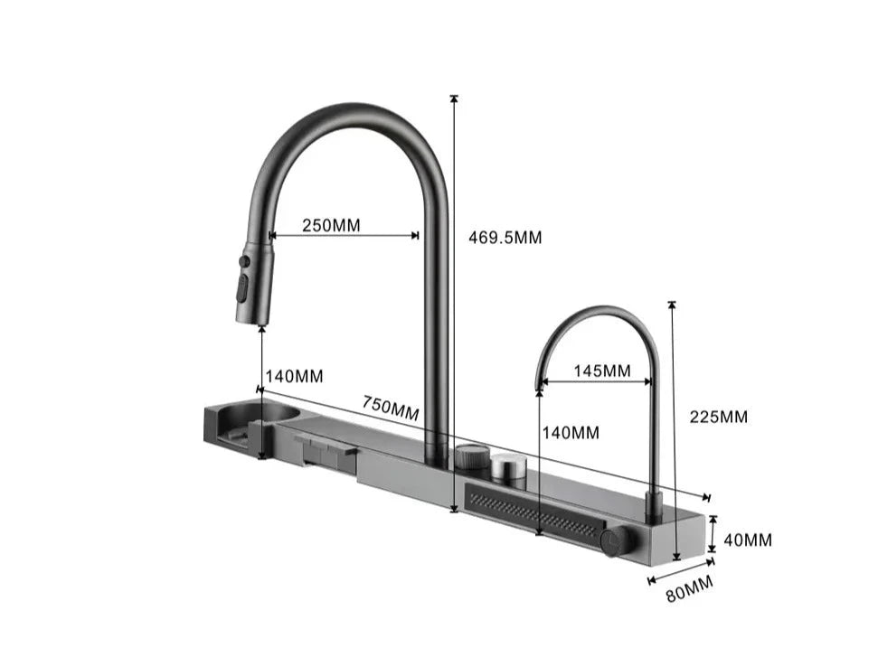 Black stainless steel kitchen sink with waterfall faucet and digital display mounted on a countertop.