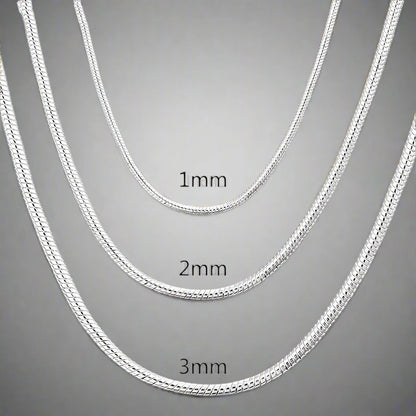 Close-up of a 925 Sterling Silver Snake Chain Necklace for unisex, available in 1mm, 2mm, and 3mm widths, showcasing its sleek and polished design. Perfect for both casual and formal wear.