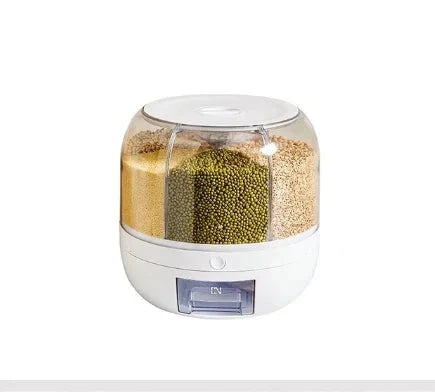 NdotoHuis SpinFresh™ 360° rotating dry food dispenser in white on a kitchen counter.