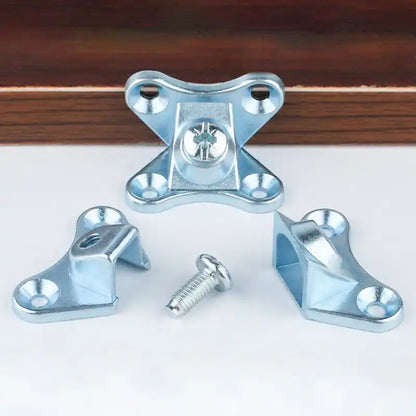 Ten silver L-shaped metal corner braces with pre-drilled holes, alongside a pack of matching screws.