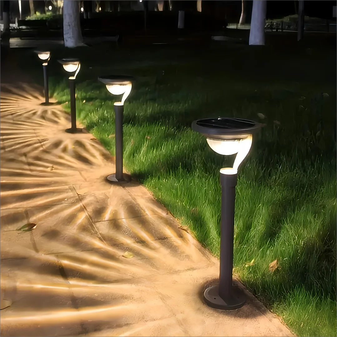 SunGlow Solar Lamp with bright LEDs illuminating a garden pathway at dusk.