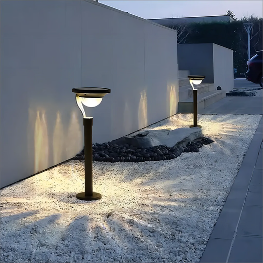 SunGlow Solar Lamp with bright LEDs illuminating a garden pathway at dusk.