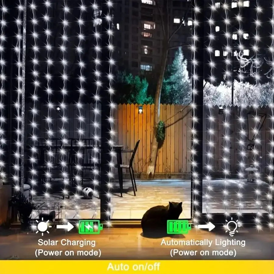 SolarCurtain™ Waterproof LED Fairy Lights illuminating a beautiful outdoor garden space with a warm, enchanting glow, showcasing their durable and versatile design perfect for both indoor and outdoor festive decorations.