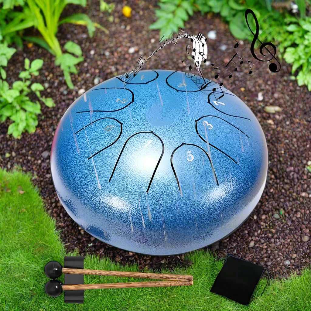 Carbon steel rain drum for gardens, designed to produce soothing rain sounds.