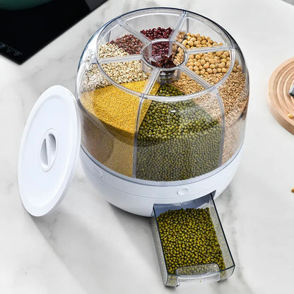 NdotoHuis SpinFresh™ 360° rotating dry food dispenser in white on a kitchen counter.