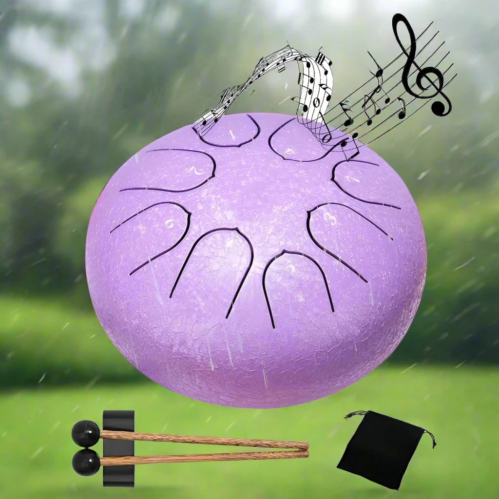 Carbon steel rain drum for gardens, designed to produce soothing rain sounds.