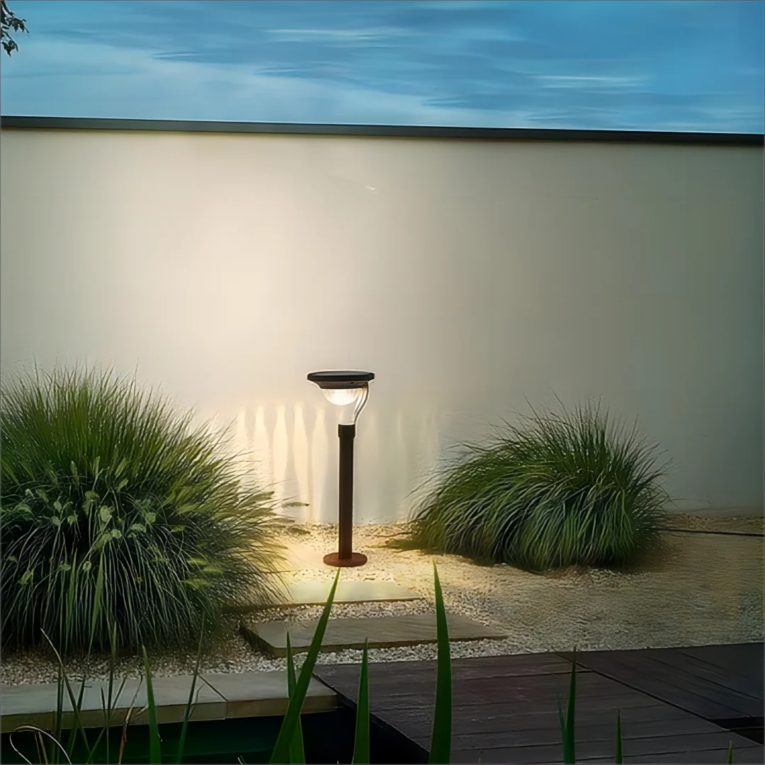 SunGlow Solar Lamp with bright LEDs illuminating a garden pathway at dusk.