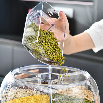 NdotoHuis SpinFresh™ 360° rotating dry food dispenser in white on a kitchen counter.