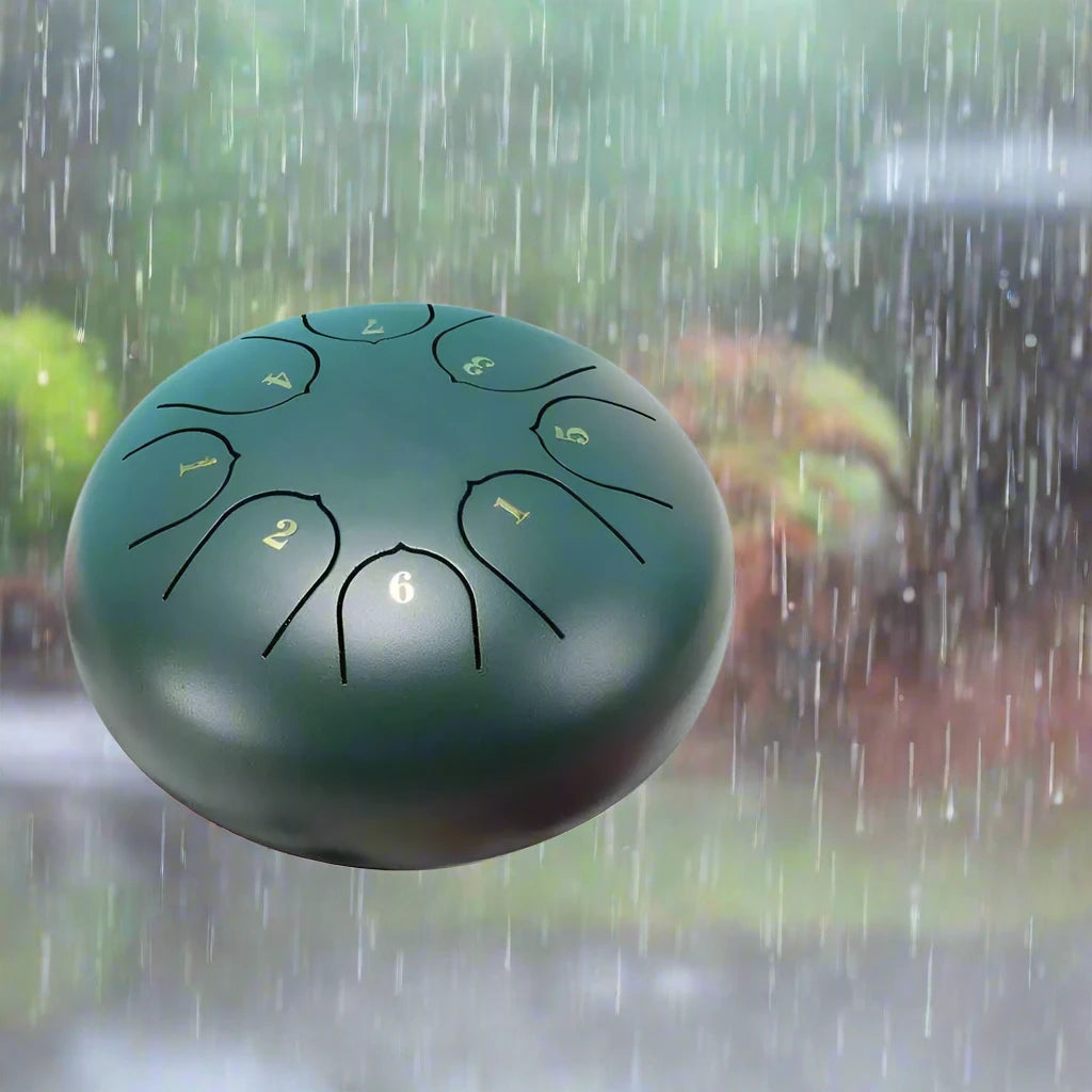 Carbon steel rain drum for gardens, designed to produce soothing rain sounds.