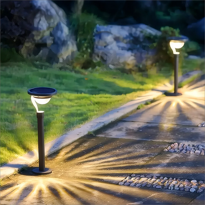 SunGlow Solar Lamp with bright LEDs illuminating a garden pathway at dusk.