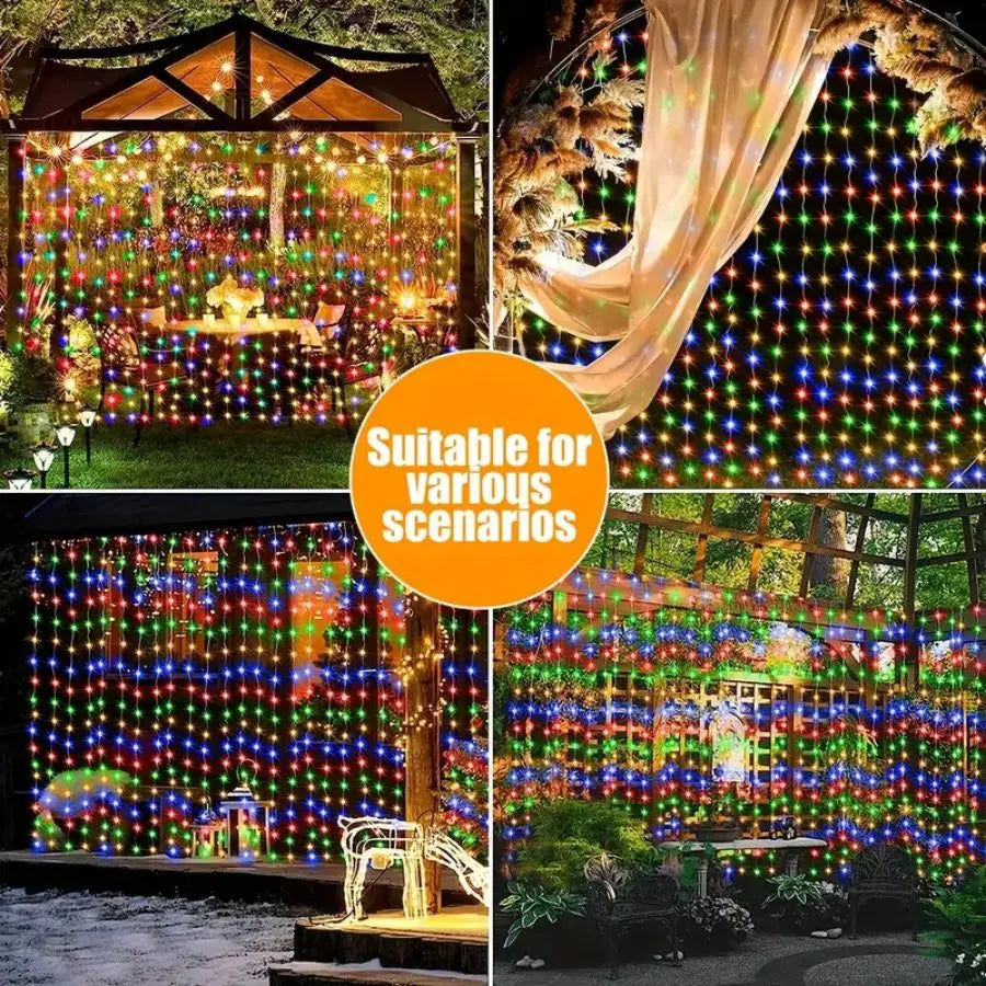 SolarCurtain™ Waterproof LED Fairy Lights illuminating a beautiful outdoor garden space with a warm, enchanting glow, showcasing their durable and versatile design perfect for both indoor and outdoor festive decorations.