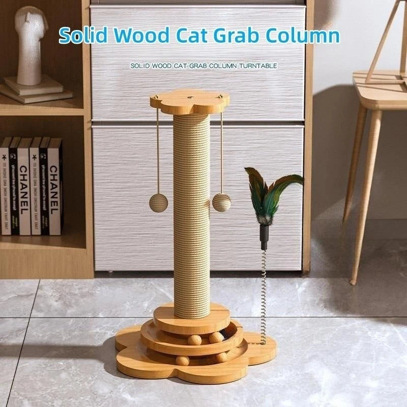 A beige Ndotohuis Kitty Clubhouse with a sisal scratching post in the center, a spinning turntable with colorful balls on top, and a sleek wooden base.