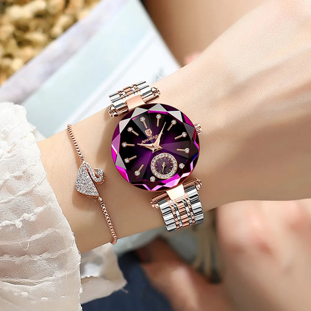 POEDAGAR™ Luxury Women's Wristwatch featuring elegant diamond detailing, a stainless steel band, and a stylish, waterproof design. The watch is showcased on a wrist, highlighting its sophisticated and timeless appearance.