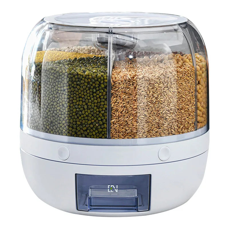 NdotoHuis SpinFresh™ 360° rotating dry food dispenser in white on a kitchen counter.