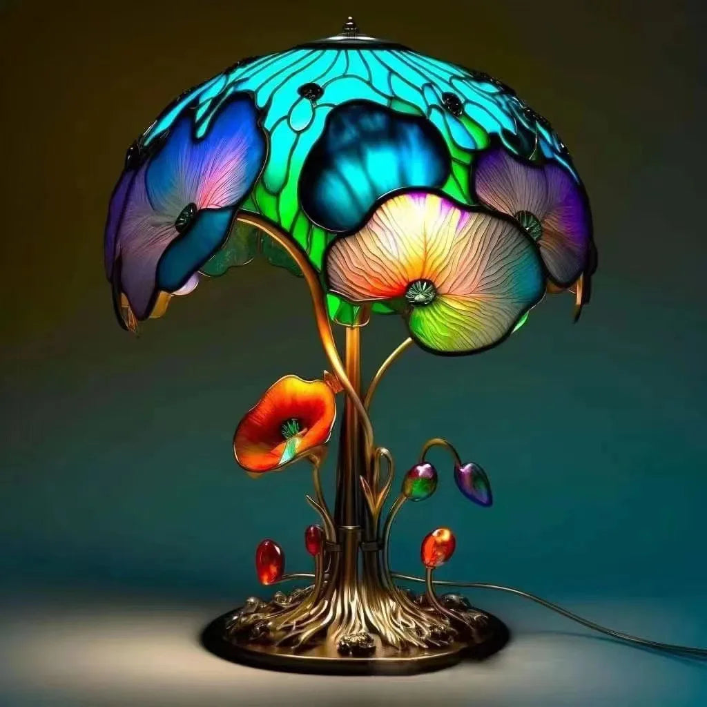 Vintage table lamp with a stained glass shade and a mushroom-shaped resin base.