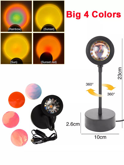 Compact, black USB-powered sunset projector lamp with an adjustable head, casting a mesmerizing blend of red, orange, and pink hues onto a bedroom ceiling.