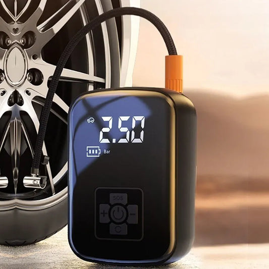 Pocket Pump Pro, a compact wireless tire inflator with a digital display, inflating a car tire on the roadside.