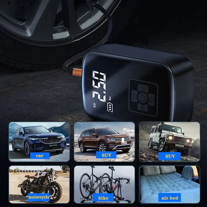 Pocket Pump Pro, a compact wireless tire inflator with a digital display, inflating a car tire on the roadside.