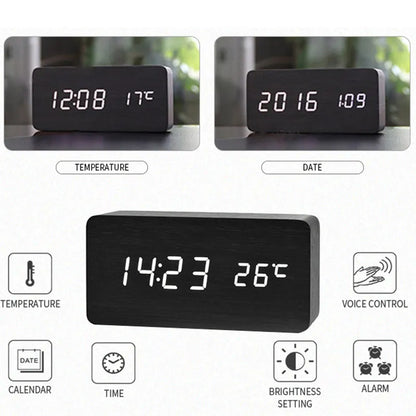 Houten digitale wekker met temperatuurdisplay