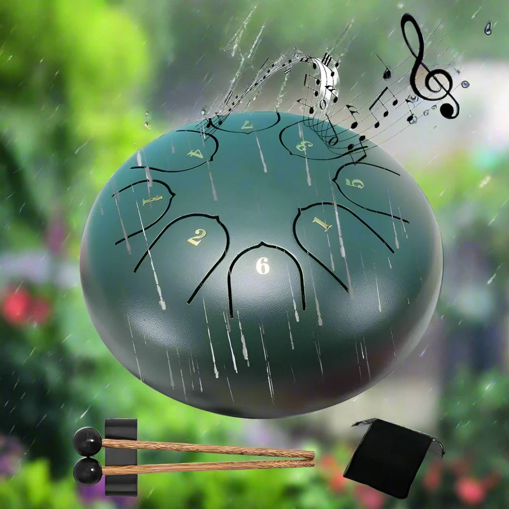 Carbon steel rain drum for gardens, designed to produce soothing rain sounds.