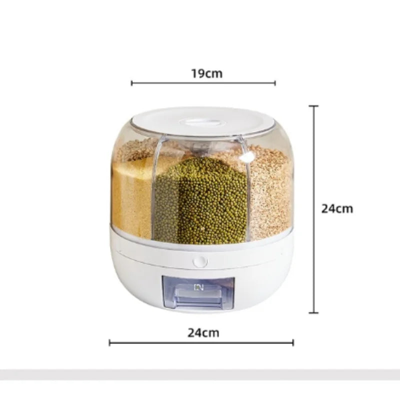 NdotoHuis SpinFresh™ 360° rotating dry food dispenser in white on a kitchen counter.