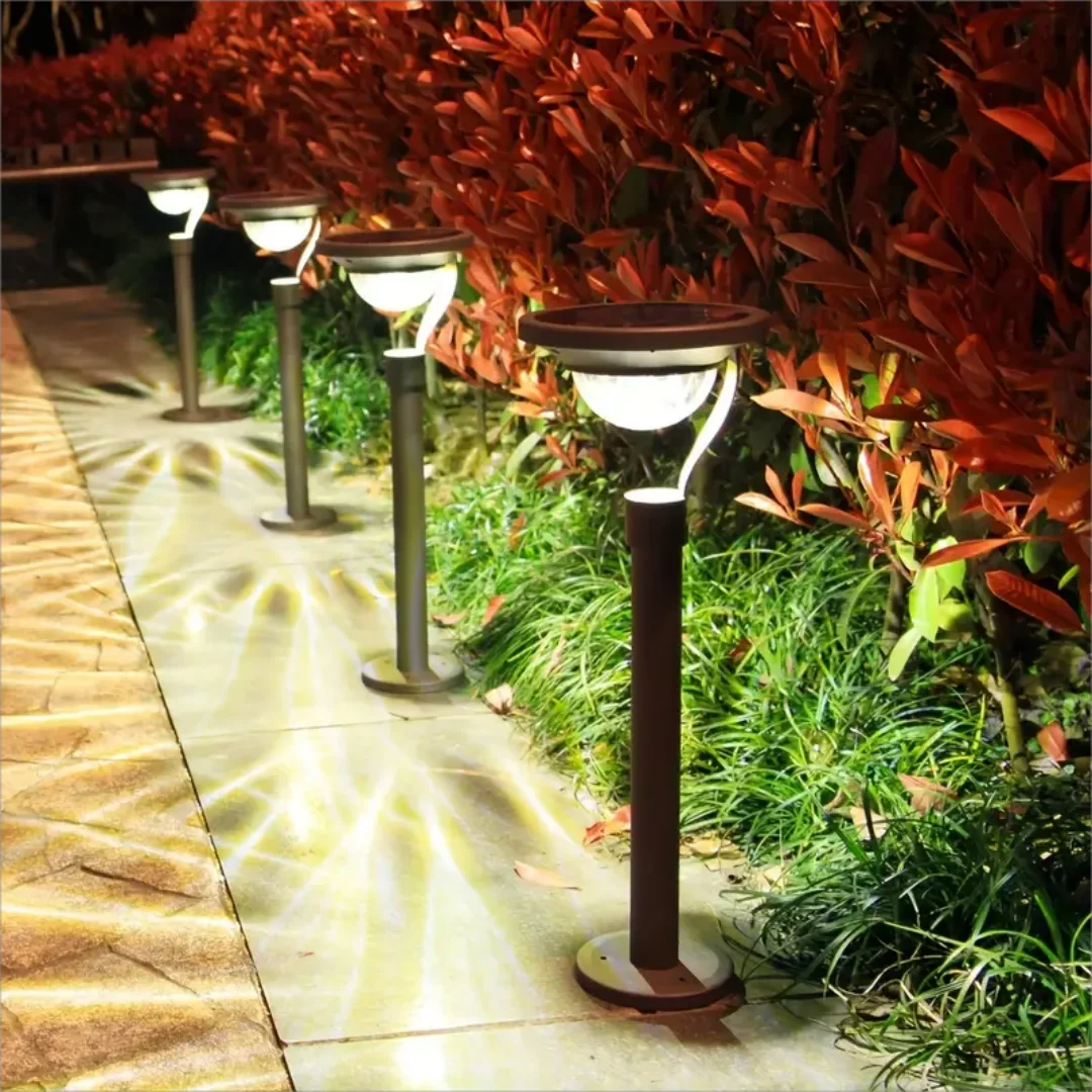 SunGlow Solar Lamp with bright LEDs illuminating a garden pathway at dusk.