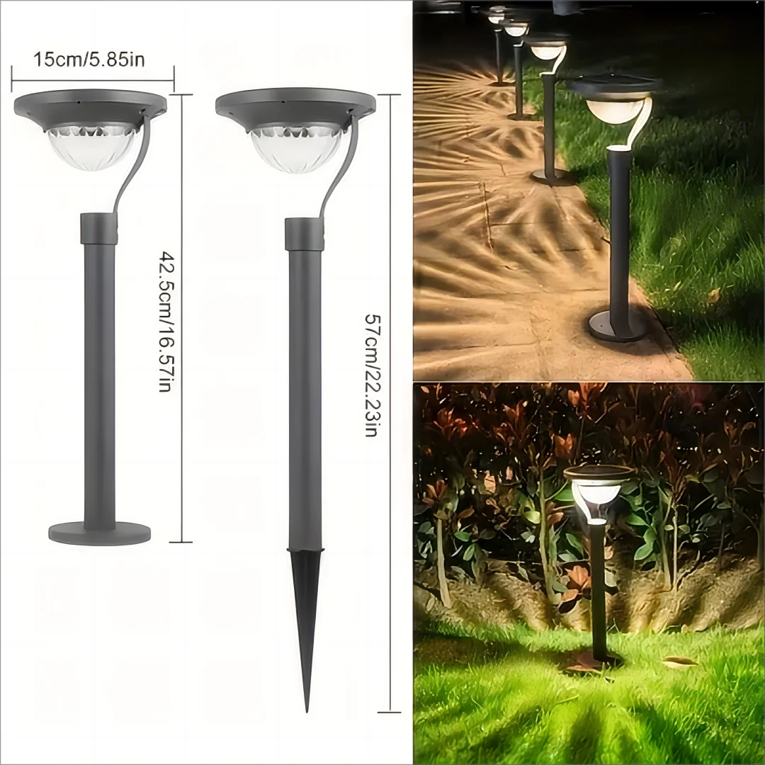 SunGlow Solar Lamp with bright LEDs illuminating a garden pathway at dusk.