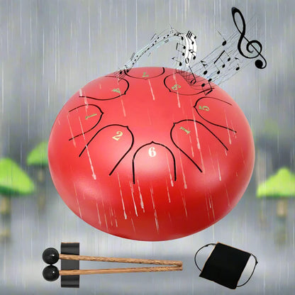 Carbon steel rain drum for gardens, designed to produce soothing rain sounds.