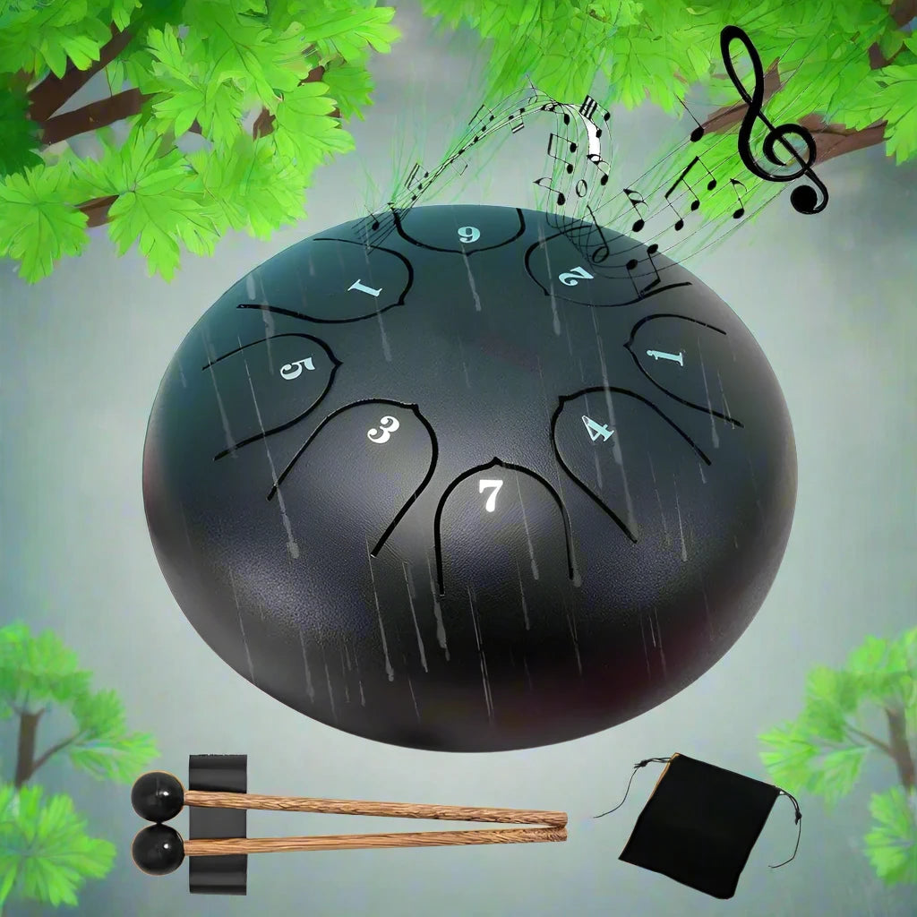 Carbon steel rain drum for gardens, designed to produce soothing rain sounds.