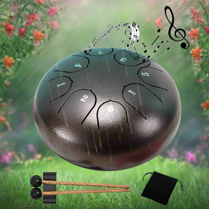 Carbon steel rain drum for gardens, designed to produce soothing rain sounds.