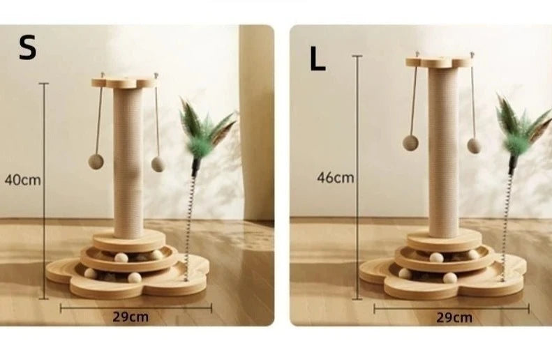 A beige Ndotohuis Kitty Clubhouse with a sisal scratching post in the center, a spinning turntable with colorful balls on top, and a sleek wooden base.