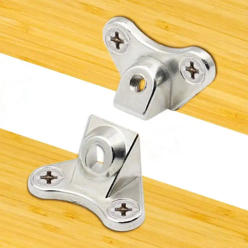 Ten silver L-shaped metal corner braces with pre-drilled holes, alongside a pack of matching screws.