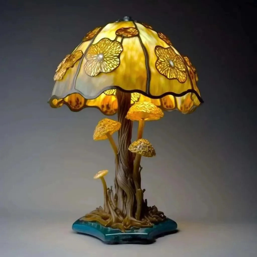 Vintage table lamp with a stained glass shade and a mushroom-shaped resin base.