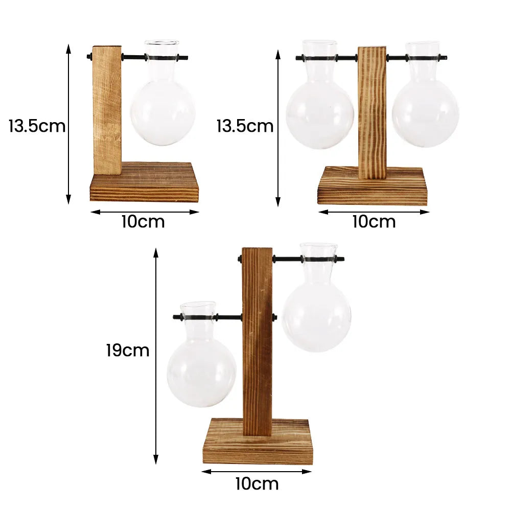 Vaso de lâmpada de plantador de mesa de vidro criativo com suporte de madeira | Hydrobloom ™