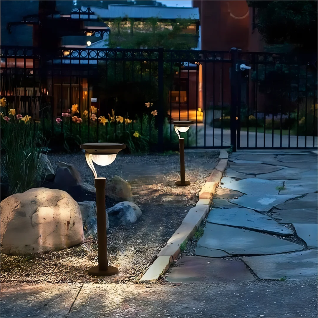 SunGlow Solar Lamp with bright LEDs illuminating a garden pathway at dusk.